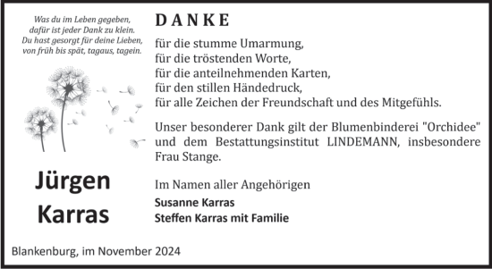 Traueranzeige von Jürgen Karras von Volksstimme Wernigerode