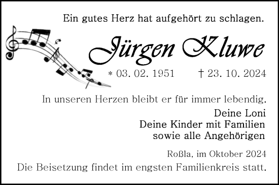 Traueranzeige von Jürgen Kluwe von Trauerkombi Sangerhausen