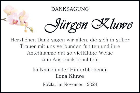 Traueranzeige von Jürgen Kluwe von Trauerkombi Sangerhausen