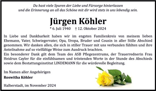 Traueranzeige von Jürgen Köhler von Volksstimme Halberstadt