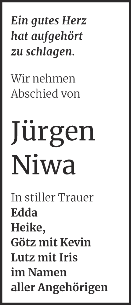 Traueranzeige von Jürgen Niwa von Mitteldeutsche Zeitung Halle/Saalkreis