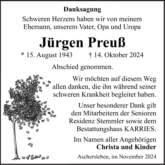 Traueranzeige von Jürgen Preuß von Trauerkombi Aschersleben