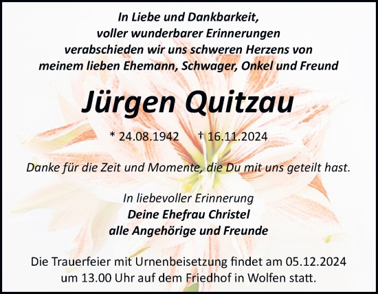 Traueranzeige von Jürgen Quitzau von Trauerkombi Bitterfeld