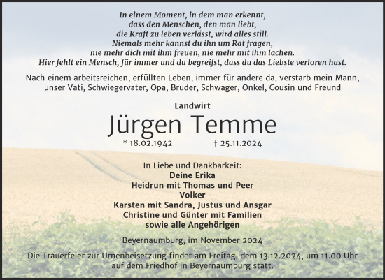 Traueranzeige von Jürgen Temme von Trauerkombi Mansfelder Land