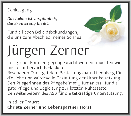 Traueranzeige von Jürgen Zerner von Trauerkombi Mansfelder Land