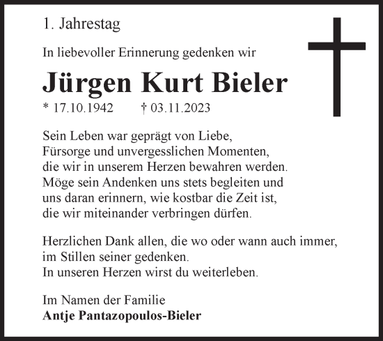 Traueranzeige von Jürgen Kurt Bieler von Volksstimme Schönebeck