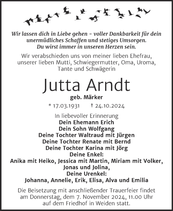 Traueranzeige von Jutta Arndt von Trauerkombi Wittenberg