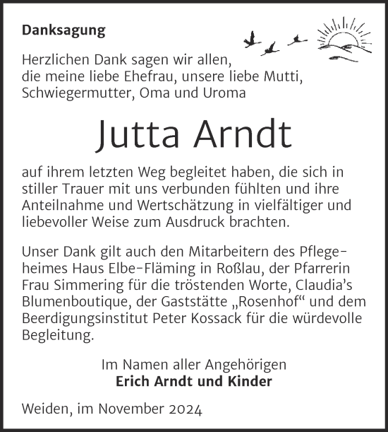 Traueranzeige von Jutta Arndt von Trauerkombi Wittenberg