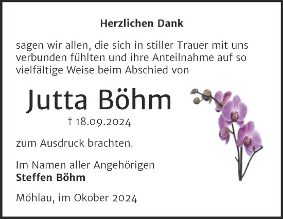 Traueranzeige von Jutta Böhm von Trauerkombi Wittenberg