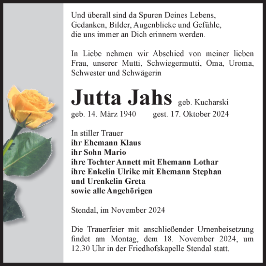 Traueranzeige von Jutta Jahs von Volksstimme Altmark Ost