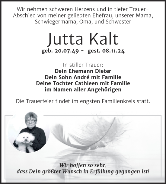 Traueranzeige von Jutta Kalt von Mitteldeutsche Zeitung Halle/Saalkreis