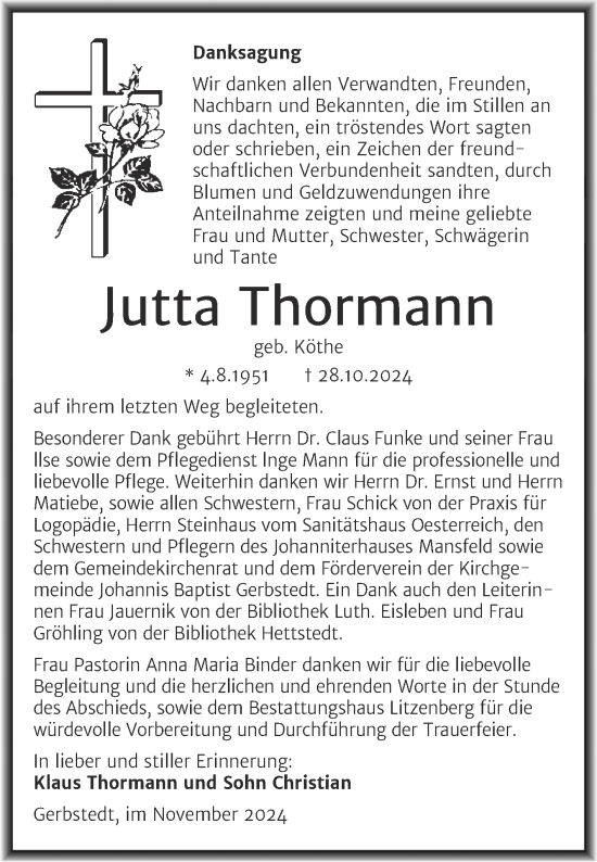 Traueranzeige von Jutta Thormann von Trauerkombi Mansfelder Land