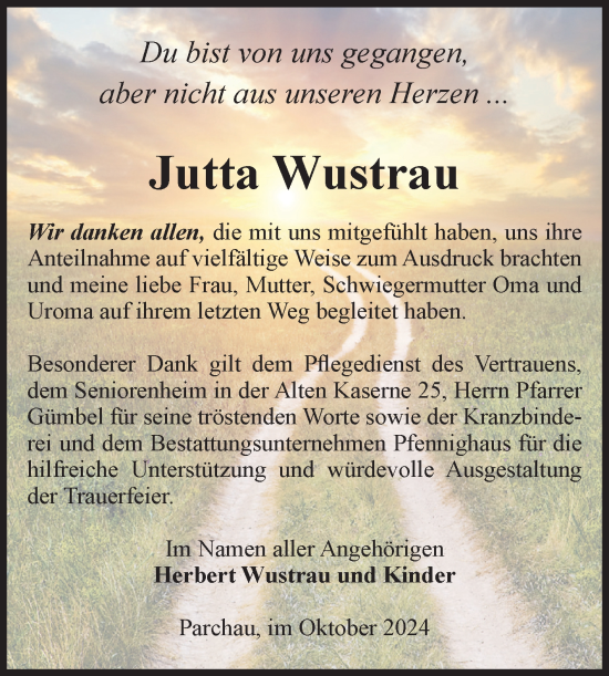 Traueranzeige von Jutta Wustrau von Volksstimme Burg/Genthin