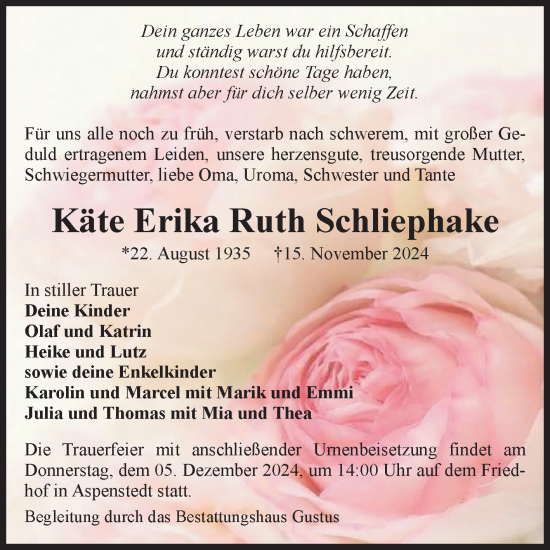 Traueranzeige von Käte Erika Ruth Schliephake von Volksstimme Halberstadt
