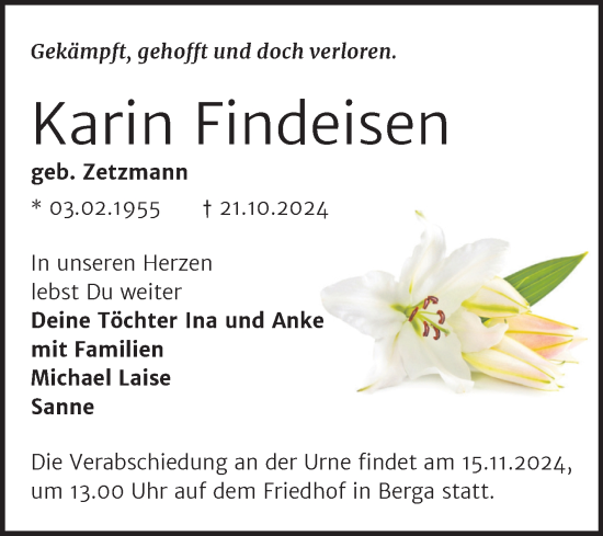 Traueranzeige von Karin Findeisen von Trauerkombi Sangerhausen