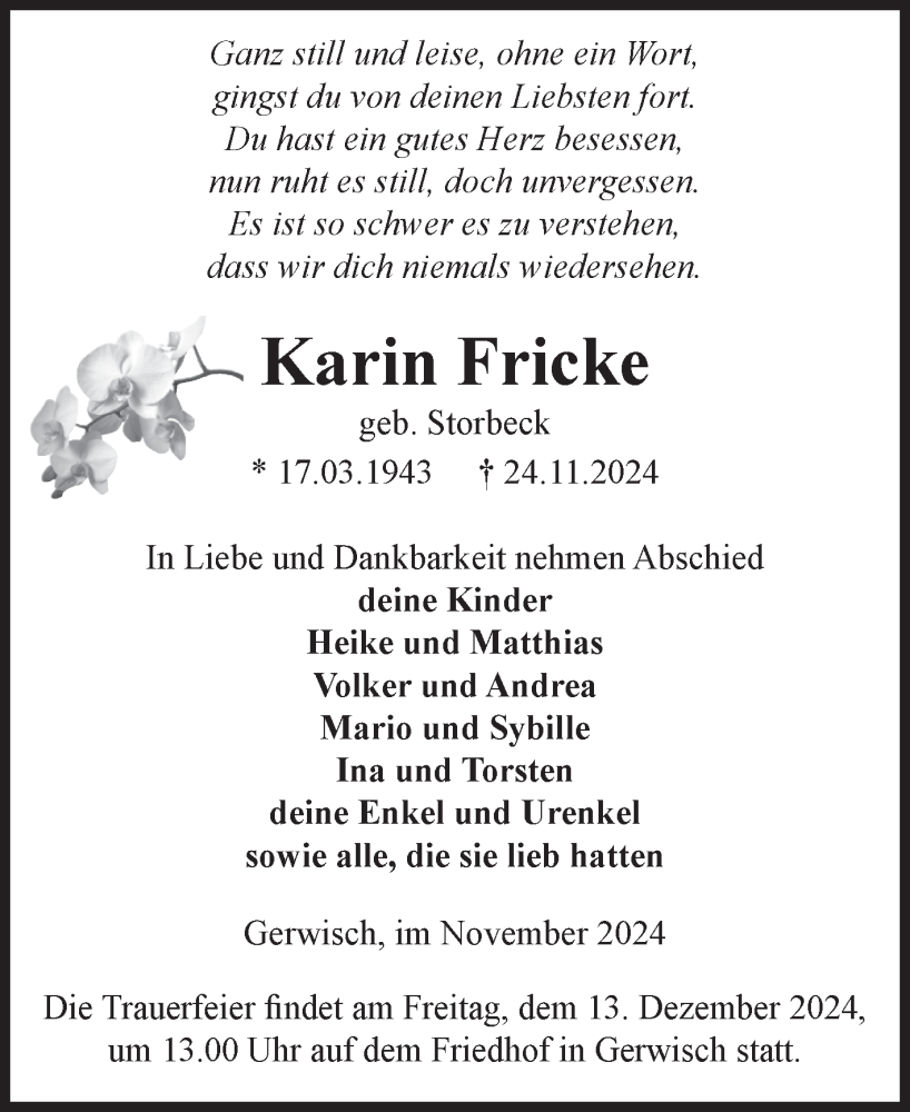  Traueranzeige für Karin Fricke vom 30.11.2024 aus Volksstimme Burg/Genthin