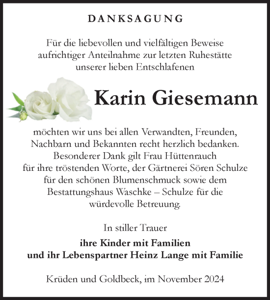 Traueranzeige von Karin Giesemann von Volksstimme Altmark Ost