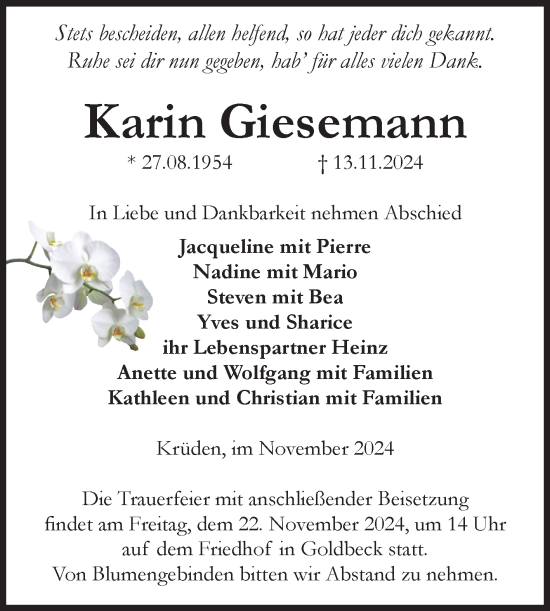 Traueranzeige von Karin Giesemann von Volksstimme Altmark Ost