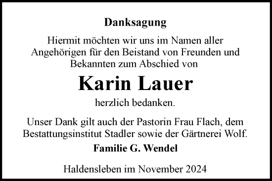 Traueranzeige von Karin Lauer von Volksstimme Haldensleben/Wolmirstedt