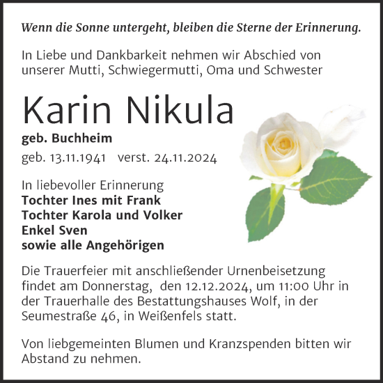 Traueranzeige von Karin Nikula von Trauerkombi Weißenfels