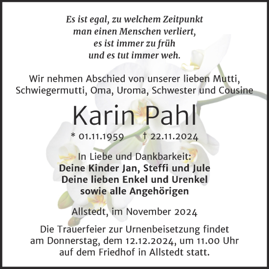 Traueranzeige von Karin Pahl von Trauerkombi Sangerhausen