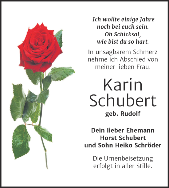 Traueranzeige von Karin Schubert von Super Sonntag Wittenberg