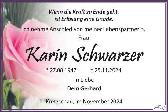 Traueranzeige von Karin Schwarzer von Trauerkombi Zeitz