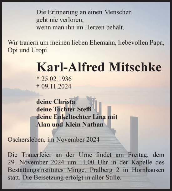 Traueranzeige von Karl-Alfred Mitschke von Volksstimme Oschersleben/Wanzleben