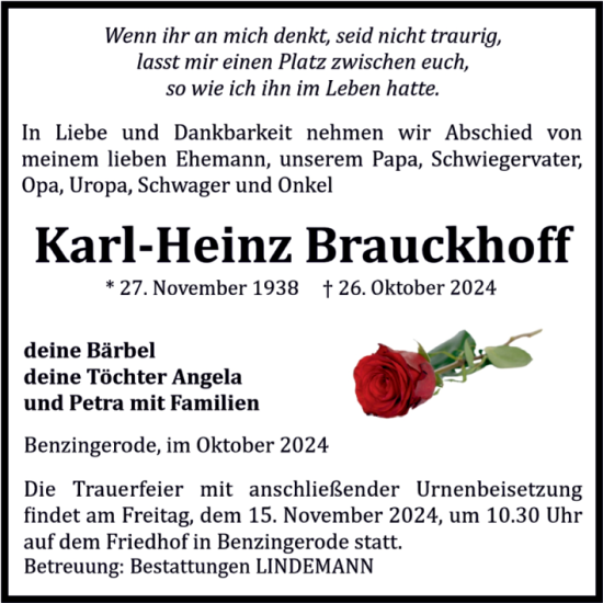 Traueranzeige von Karl-Heinz Brauckhoff von Volksstimme Wernigerode