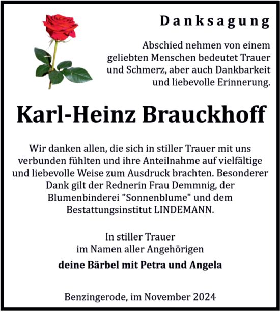 Traueranzeige von Karl-Heinz Brauckhoff von Volksstimme Wernigerode