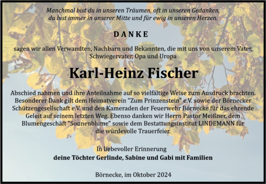 Traueranzeige von Karl-Heinz Fischer von Volksstimme Wernigerode