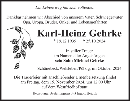 Traueranzeige von Karl-Heinz Gehrke von Volksstimme Schönebeck