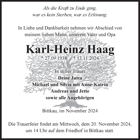 Traueranzeige von Karl-Heinz Haag von Volksstimme Altmark Ost