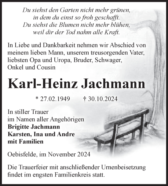 Traueranzeige von Karl-Heinz Jachmann von Volksstimme Altmark West