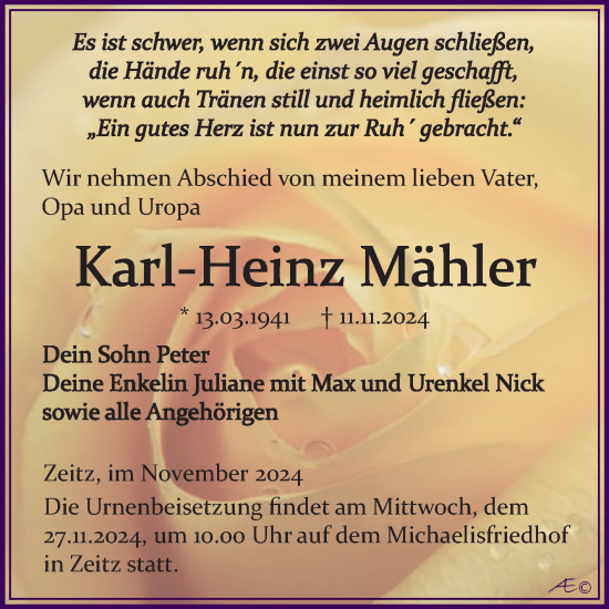 Traueranzeige von Karl-Heinz Mähler von Trauerkombi Zeitz