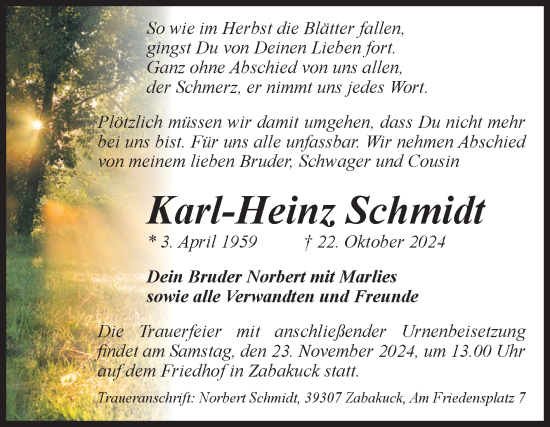 Traueranzeige von Karl-Heinz Schmidt von Volksstimme Altmark Ost