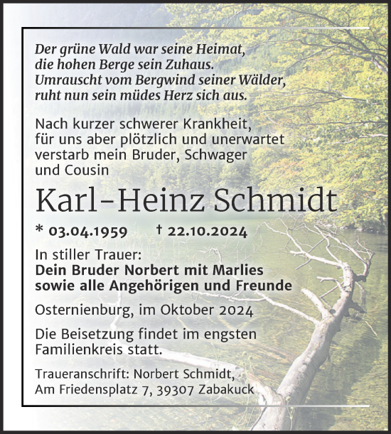 Traueranzeige von Karl-Heinz Schmidt von Trauerkombi Köthen