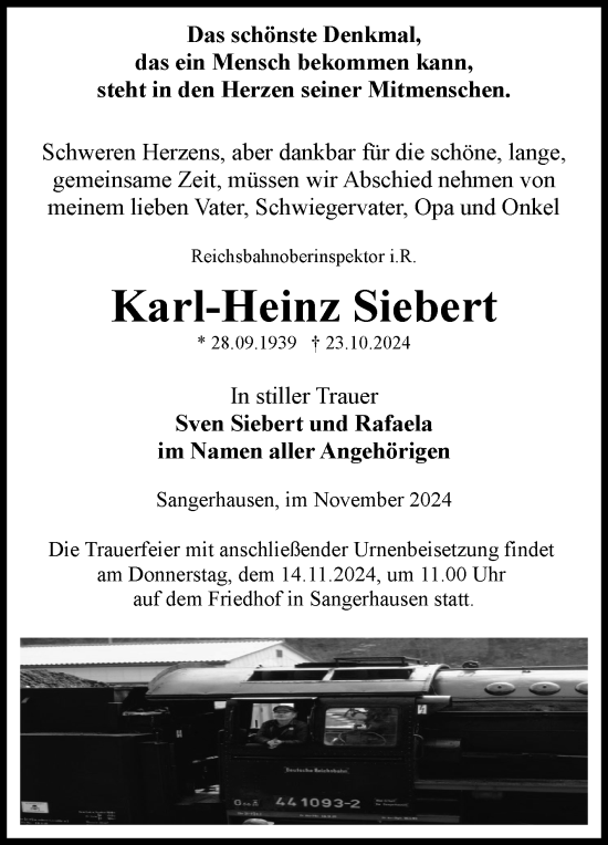 Traueranzeige von Karl-Heinz Siebert von Trauerkombi Sangerhausen