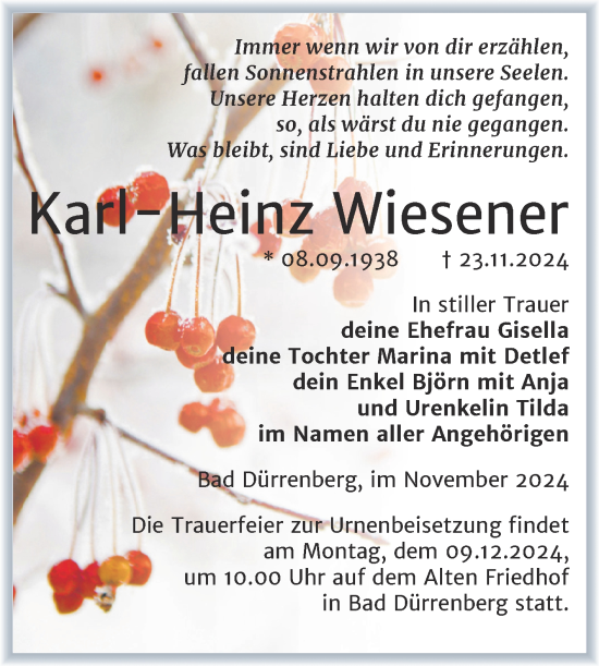 Traueranzeige von Karl-Heinz Wiesener von Trauerkombi Merseburg