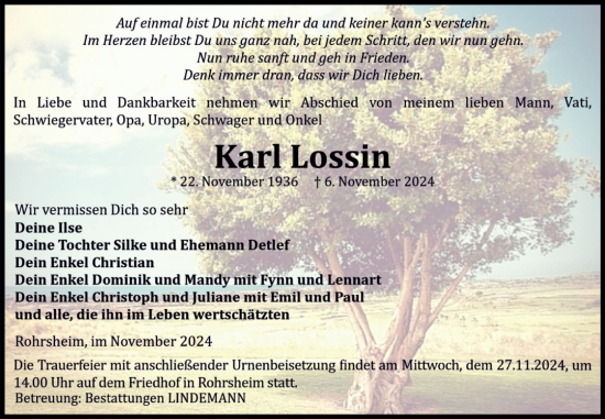Traueranzeige von Karl Lossin von Volksstimme Halberstadt