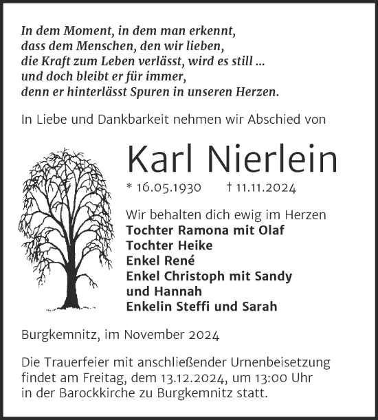 Traueranzeige von Karl Nierlein von Trauerkombi Bitterfeld