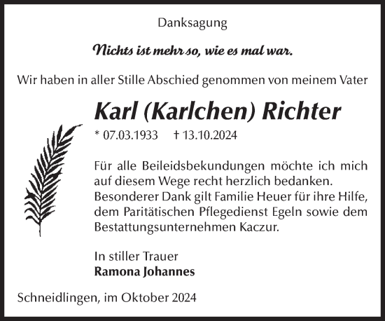 Traueranzeige von Karl Richter von Volksstimme Staßfurt