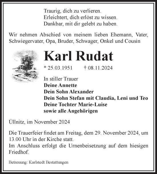 Traueranzeige von Karl Rudat von Volksstimme Schönebeck