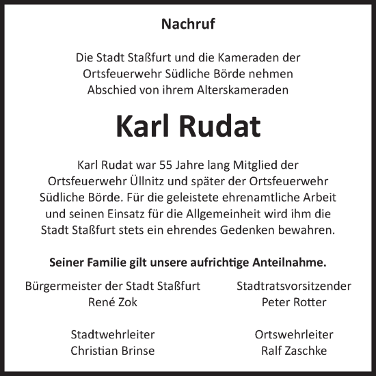 Traueranzeige von Karl Rudat von Volksstimme Staßfurt
