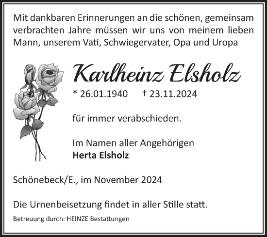 Traueranzeige von Karlheinz Elsholz von Volksstimme Schönebeck
