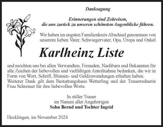Traueranzeige von Karlheinz Liste von Volksstimme Staßfurt