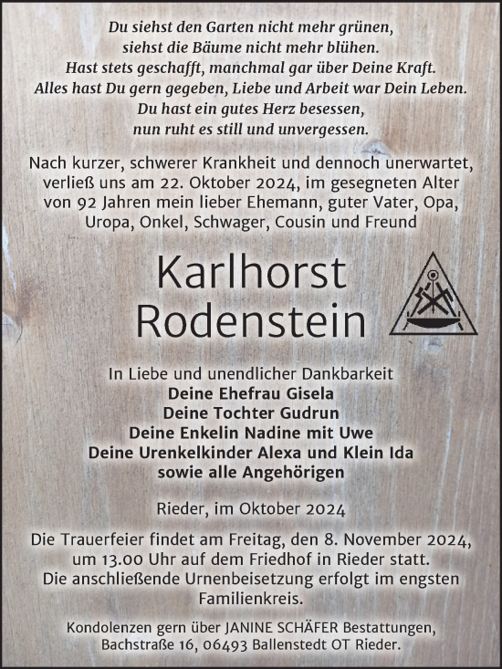 Traueranzeige von Karlhorst Rodenstein von Trauerkombi Quedlinburg