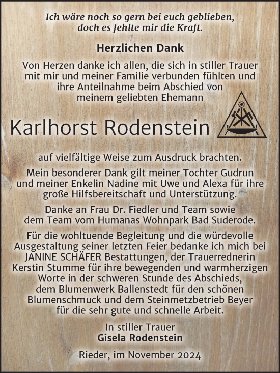 Traueranzeige von Karlhorst Rodenstein von Trauerkombi Quedlinburg