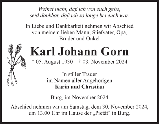 Traueranzeige von Karl Johann Gorn von Volksstimme Burg/Genthin