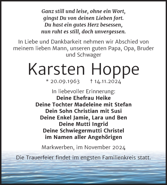 Traueranzeige von Karsten Hoppe von Trauerkombi Weißenfels